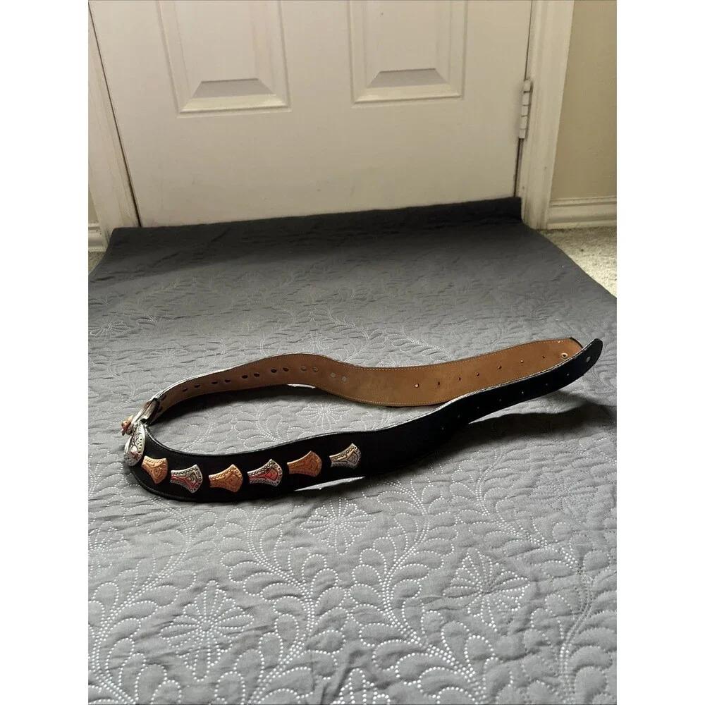 Streets Ahead VTG Silver & Rose Gold Medallion Black Leather Belt SZM/L RARE 42